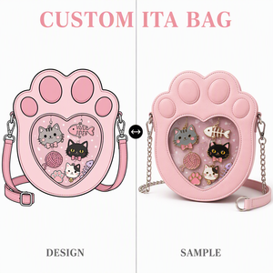 Sac à dos Ita Bag Kawaii Patte de Chat en Cuir PU Rose Clair avec Fenêtre en Forme de Cœur, Fond Scintillant et Présentoir pour Pins en Émail Thème Chat - Product Image 1