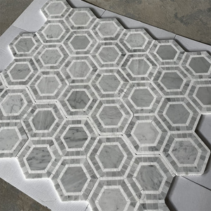 Mosaïque hexagonale en marbre blanc, mosaïque en pierre et acier inoxydable pour murs et sols de salle de bain - Product Image 1