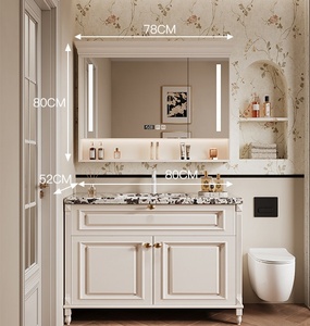 French cream wind rock board seamless ceramic basin intelligent mirror floor standing American <b>oak</b> bathroom cabinet - Product Image 5