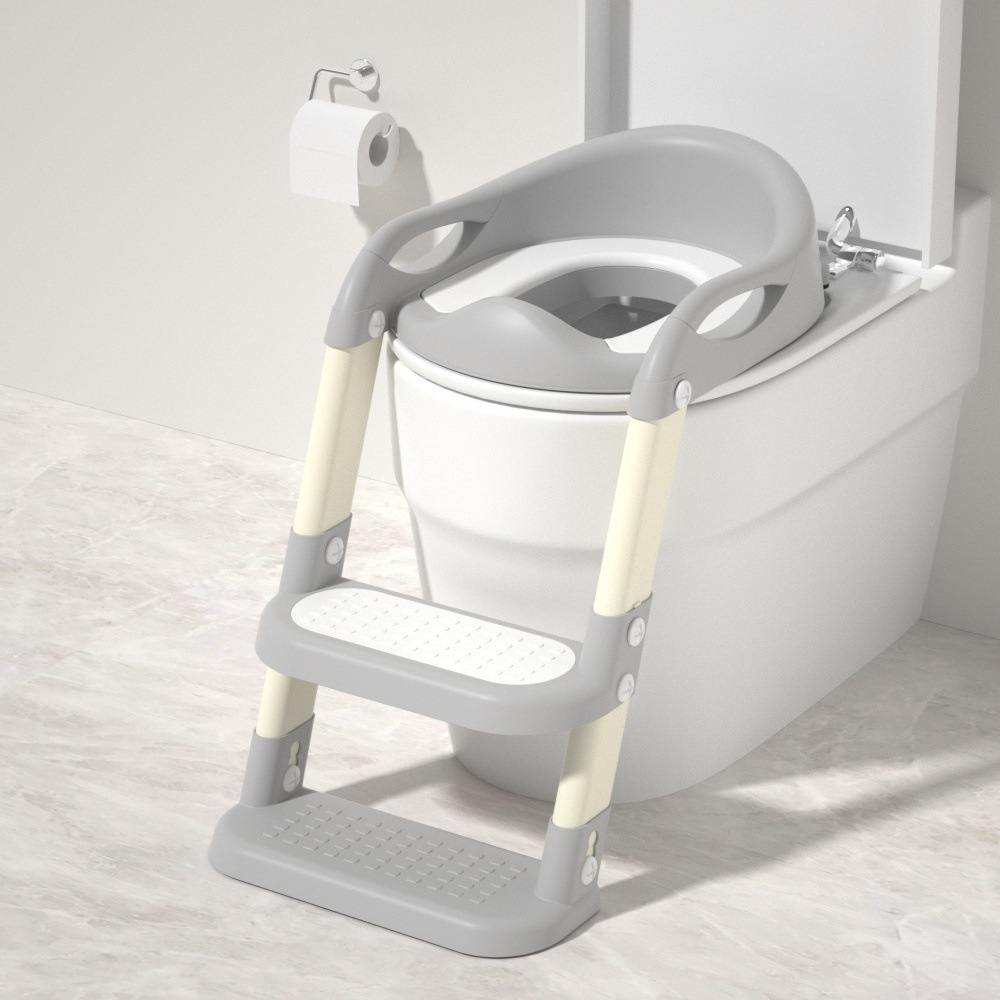Abattant de toilette à marches, gris et blanc - Assise souple en PVC