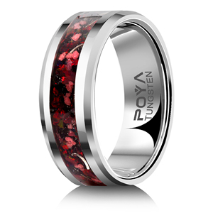 Anelli Nuziali POYA 8mm in Argento per Fidanzamento e Anniversario, Anello in Tungsteno Smussato con Intarsio in Opale Arenario e Meteorite - Product Image 1