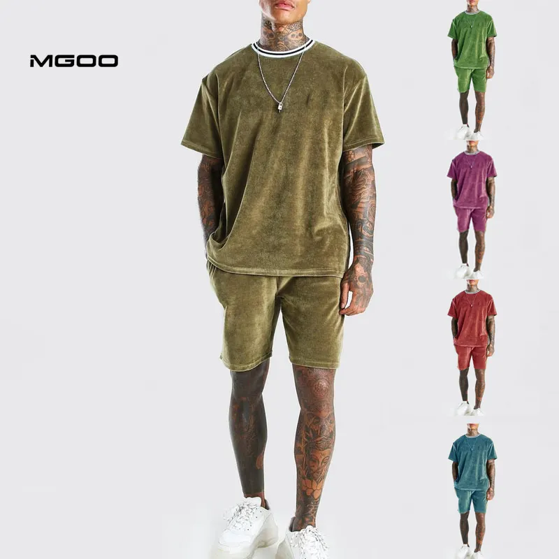 MGOO Tall T Shirts Solid Velvet T-shirts And Shorts Set Men Oversized Velour Summer Tracksuit Custom Design Running Sportswear