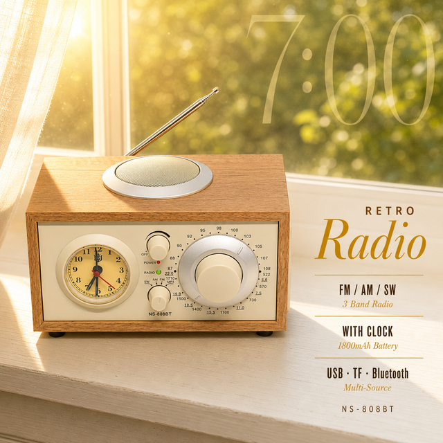 OEM ODM CE Certified Portable Retro AM/FM/SW 3-Band 5W Output Built-In Clock 2000mAh Rechargeable Wooden Cabinet for Radio