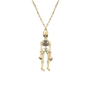 Kalung Pria Halloween Logam Emas, Liontin Tengkorak Tulang Manusia Utuh dengan Rantai Halus, Perhiasan Hadiah - Product Image 1