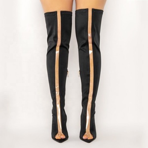Bottes longues d'été pour femmes, extensibles, en PVC et daim, patchwork, au-dessus du genou, à bout ouvert, talons hauts - Product Image 2