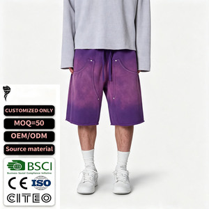 Shorts de travail pour hommes en molleton épais, style vintage délavé, avec ourlet brut, multi-poches, coupe ample, streetwear - Product Image 1