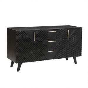 Modern Black Solid Wood Sideboard - Handcrafted Mango Wood <b>TV</b> Unit with Chevron Carved Doors and Gold Hardware - Product Image 1
