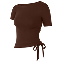 Kaos Olahraga Wanita Dewasa 2026 Bahan Spandex/Katun Organik Bernapas, Lengan Pendek, Model Ribbed, Ketat, Off-Shoulder, untuk Yoga
