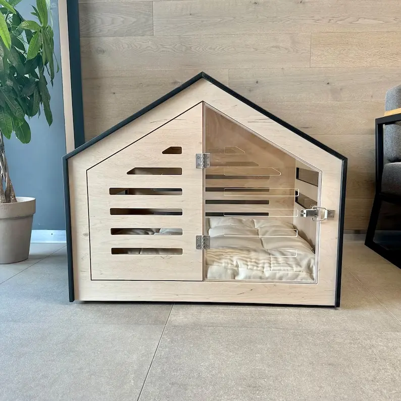 Caja para perros de diseño moderno con puerta acrílica Venlo, caja para perros de interior, muebles para perros