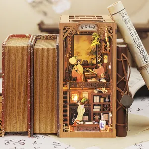 CuteBee buku cerita Cina rak tinta Toko Buku DIY miniatur rumah buku Nook dengan penutup debu Puzzle kayu