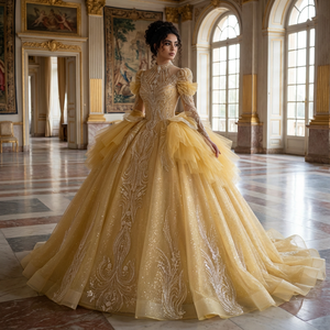 ชุดราตรีสีทอง Xs231 ทรงบอลกาวน์ทันสมัยสำหรับคุณแม่เจ้าสาวหรืองาน Quinceanera ไซส์พลัส ประดับด้วยลูกไม้ปักลาย คริสตัล และลูกปัด พร้อมผ้าจับจีบ - Product Image 1