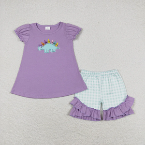 Ensemble 2 pièces en coton pour enfants, filles et garçons, t-shirt à manches courtes avec applique dinosaure et short à carreaux, tenue de rentrée scolaire - Product Image 3