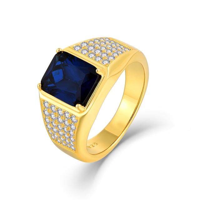 YILUN Wholesale 925 Sterling Silver Gold Plated Zircon Men's Ring Large Blue Stone Signet Ring Micro Pave Clear Stones Band