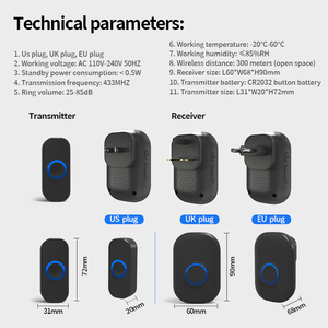 SIXWGH 2-en-1 Kit noir alimenté par batterie étanche IP44 <span class=keywords><strong>sonnette</strong></span> numérique sans fil <span class=keywords><strong>filaire</strong></span> pour hôtels jardins prise britannique incluse - Product Image 2
