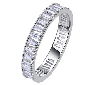 S925 Sterling <b>Silver</b> Rhodium Baguette Cut CZ <b>Eternity</b> <b>Ring</b> Unisex Full Paved Cubic Zirconia Tennis Band Wedding Fashion Jewelry - Product Image 1