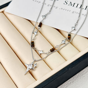 Collana oro platino bianco K rame ciondolo stella doppia catena bianco zircone diamante tigre pietra collana - Product Image 3