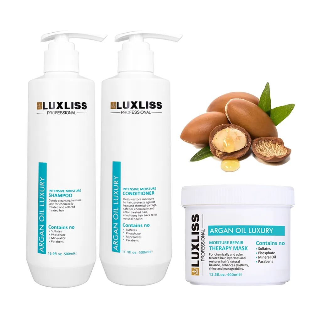 LUXLISS private label intensive moisture repair olio di argan shampoo e balsamo maschera per capelli senza solfati