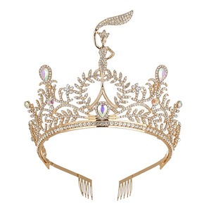Couronne de concours personnalisée en cristal, diadème de reine de beauté en strass rouge, bijou de cheveux de mariée plaqué or pour femme - Product Image 2