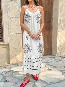 Robe longue blanche décontractée bohème vintage pour femme, tenue de plage, 100 % coton tissé, taille naturelle, manches courtes, lavable en machine - Product Image 3