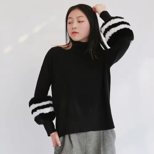 Suéter de manga larga de alta calidad de Venta caliente de invierno Suéter de diseño de puños a rayas de <span class=keywords><strong>cuello</strong></span> <span class=keywords><strong>alto</strong></span> de punto <span class=keywords><strong>fino</strong></span> para <span class=keywords><strong>mujer</strong></span> - Product Image 2