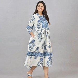 Vestido Maxi de Verano Ligero con Estampado de Flores, Ecológico, Lavable, de Algodón Orgánico, Corte en A, para Mujer, Marca Jaipur - Product Image 1