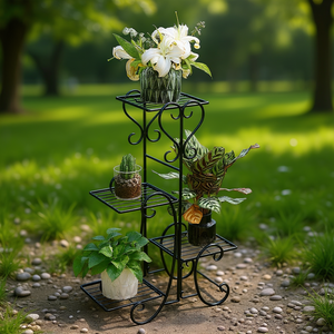 Support de pot de fleurs en métal noir carré à 4 niveaux, ornement de jardin intérieur/extérieur, décoration élégante, présentoir pour plantes - Product Image 2