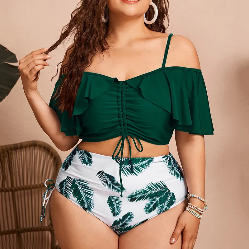 Vente en gros OEM-Maillot de bain deux pièces imprimé à volants pour femmes rondes-Maillot de bain grande taille xxxxl avec cordon de serrage