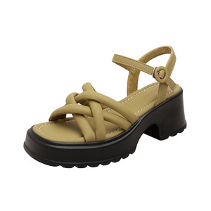 Women's Green Woven Lace-<b>Up</b> Ankle Strap Sandals Square <b>Open</b> Toe Thick Heel Breathable Anti-Slip Summer Fashionable Outdoor Shoes - Product Image 5