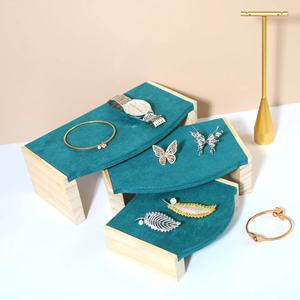 Three-Tier <b>Sliding</b> Velvet Jewelry Display Stands With Natural Wooden Frames For Retail Boutiques And Product Photography - Product Image 5