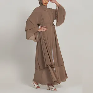 New Arrival Women's Luxury Clothing Open Abaya With Solid Chiffon Inner Dress Long Arm Simple Style-Khaki Islamic Dress