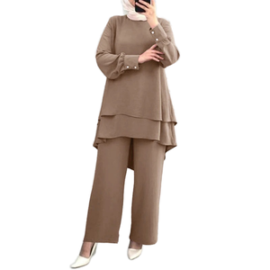 PROMISTAR Completo da <span class=keywords><strong>Donna</strong></span> Estivo Nuovo Stile Musulmano Casual Elegante con Top a Doppio Strato e <span class=keywords><strong>Pantaloni</strong></span> a Gamba Larga Tinta Unita - Product Image 1