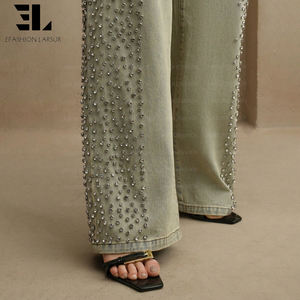 LARSURカスタムファクトリー スタッズ付き宝石装飾ストレートジーンズ ダメージ加工ヴィンテージウォッシュ ハイウエストデニムパンツ レディース - Product Image 5