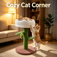 Arbre à chat interactif en forme de cactus mignon avec poteau en sisal vert, lit de repos fleur blanc et boule suspendue