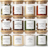 Ensemble de pots de rangement en verre transparent ronds pour épices, 4oz, 6oz, 8oz, avec couvercles en bambou, autocollants et étiquettes, vente en gros sur mesure