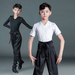 Veste de performance pour garçons, costume de danse latine pour enfants, été, rayée, polyester/coton/soie de lait, tenue d'entraînement - Product Image 3