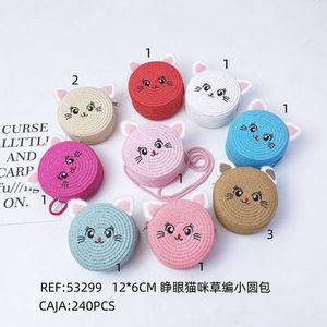Borsa rotonda piccola in paglia intrecciata stile gatto dagli occhi aperti 12x6 cm per bambini - Product Image 3