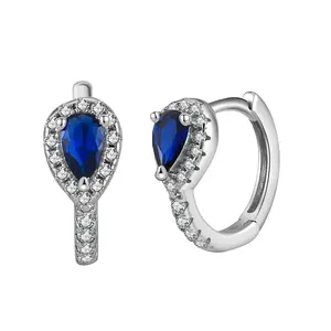 Rinntin LZE16 Sapphire and 5A Cubic Zirconia Diamond Hoop 925 Sterling Silver Earrings In White Gold Plated