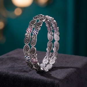 925 Sterling Silver <b>Bangles</b> for Women Oxidized Floral Carving <b>Set</b> Traditional Indian Churi Bridal Meenakari Stone Wrist Jewelry - Product Image 3