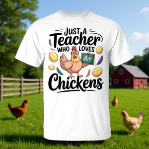 Camiseta unisex con cuello redondo y manga corta con estampado digital de diseño para amantes de los animales de granja, con la frase: Just A Teacher Who Loves Chickens - Product Image 2