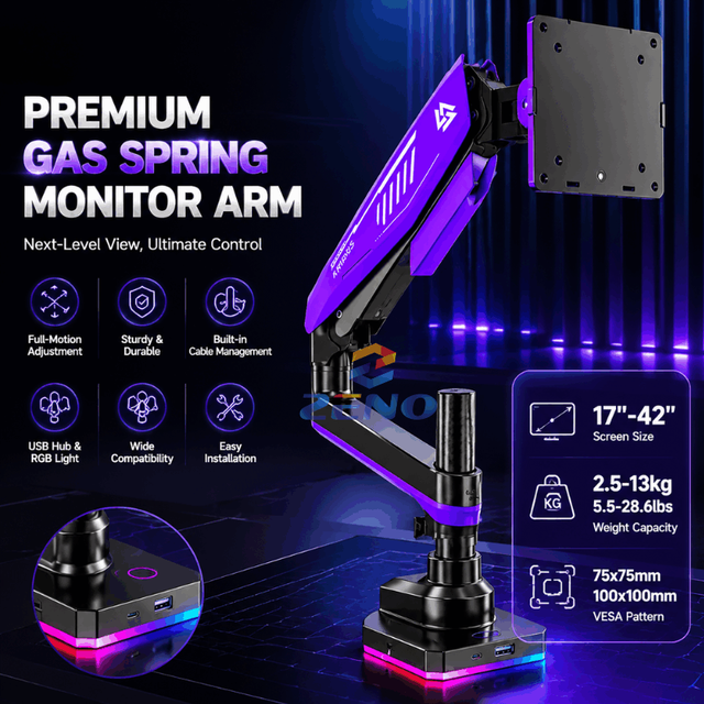 Zeno Purple Ergonomic Monitor Stand With RGB Gaming 17-42 Pulgadas Soporte Arm LED and USB 3.0 for Desk Setup Load 13kg/28.6lbs