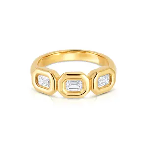 Classic Design Pure Handmade 14K Gold Bezel Setting Triple Emerald Ring