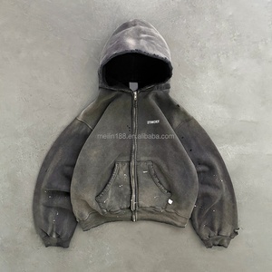 Blank Plain 420 Gsm Hoodies Manufacturer Custom Oversized Heavyweight Wash Ink Splashes <b>Cropped</b> <b>Zip</b> <b>up</b> Hoodie Men High Quality - Product Image 3