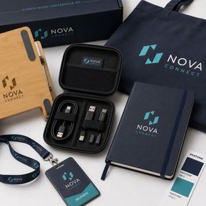 Kit technologique personnalisé pour délégués de conférence avec support pour ordinateur portable, câble de charge, porte-badge et sac fourre-tout - Product Image 4