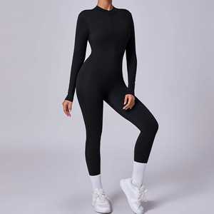 Combinaison de yoga unie à manches longues pour femme, automne-hiver, avec fermeture éclair frontale, respirante, taille haute, effet push-up, tenue de sport 1 pièce - Product Image 2