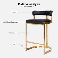 Tabouret de bar commercial moderne nordique minimaliste de luxe léger en acier inoxydable doré avec dossier, non pivotant, pour pub