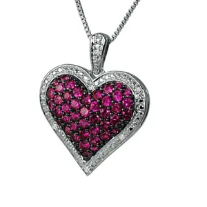 Lab Created Ruby Diamond Heart Love Pendant 925 Silver Circular Cut Red Ruby Cluster Promise Pendant Necklace For Ladies