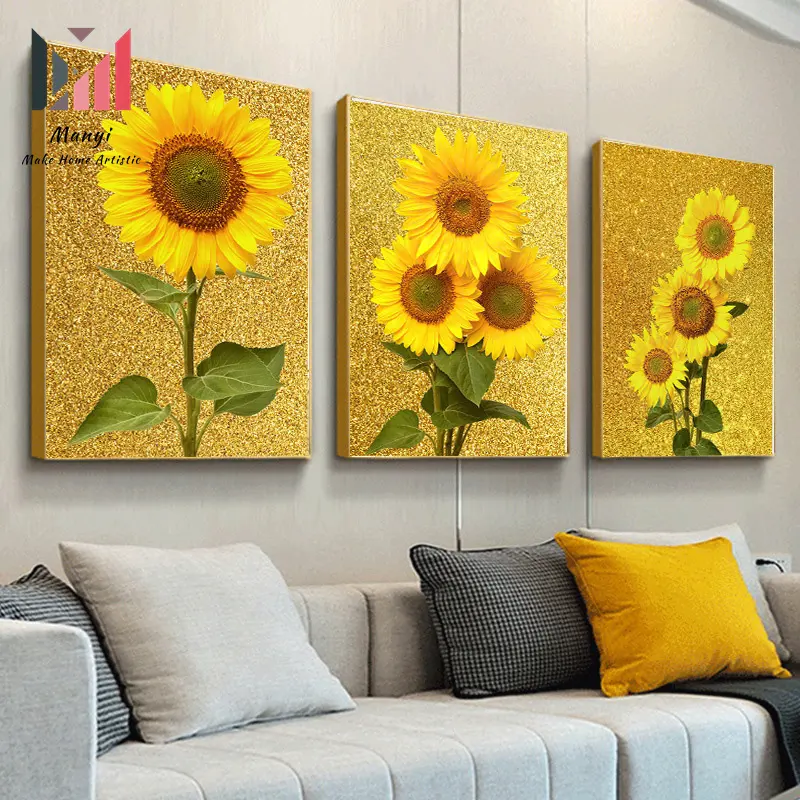 ゴールデンサマーヒマワリキャンバスペインティングウォールアート黄色の花の写真とリビングルームの家の装飾Cuadrosのポスター