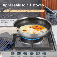 Ensemble de casseroles et poêles antiadhésives en acier inoxydable 304 triple couche avec poignées amovibles, motif nid d'abeille, haute qualité