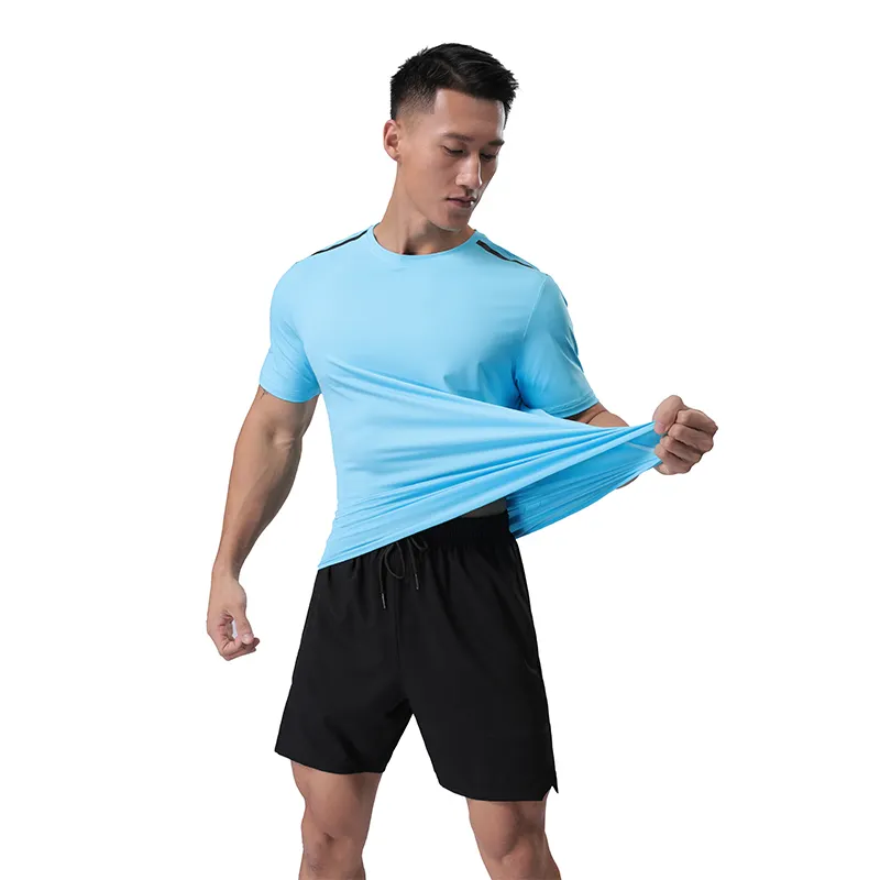 Venta al por mayor de camisetas deportivas con cuello redondo para correr Fitness para hombre, camisetas de manga corta en blanco, Camiseta de punto Formal ajustada de manga corta