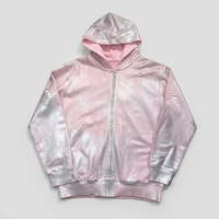 Sweat à capuche unisexe rose métallisé 100 % coton, style designer de luxe, coupe oversize, effet vieilli et déchiré, avec fermeture éclair argentée brillante, style streetwear